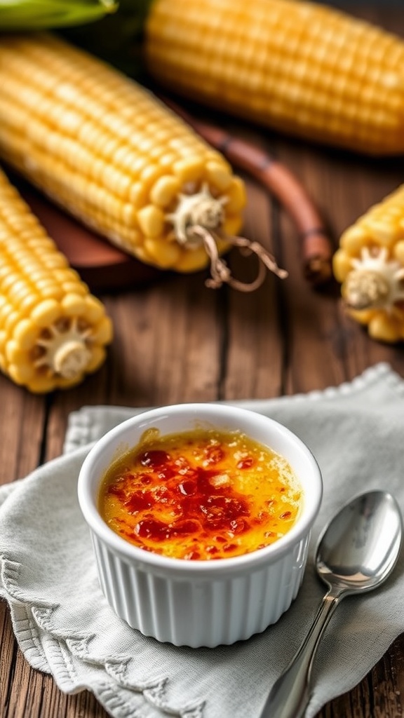 Corn crème brûlée with caramelized sugar top served in ramekin, on a wooden table with fresh corn.